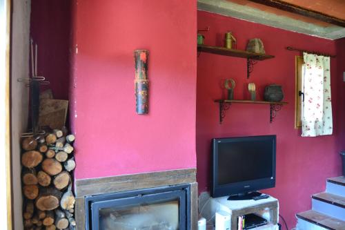 a living room with a pink wall and a tv at Casa JUNIA in La Baronia de Sant Oisme