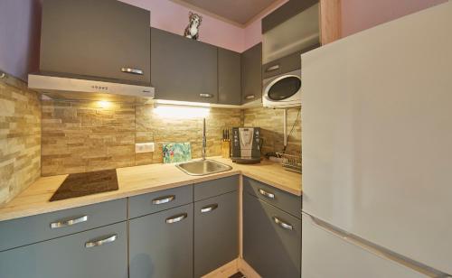 a kitchen with gray cabinets and a sink at Appartement White Chili in Saalbach Hinterglemm