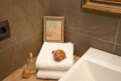 a snail sitting on top of towels next to a sink at Arrels d'Emporda in Palafrugell