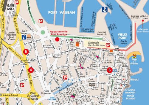 a map of a city with red dots at Penthouse vue mer avec Rooftop,Jacuzzi,et parking privé in Antibes