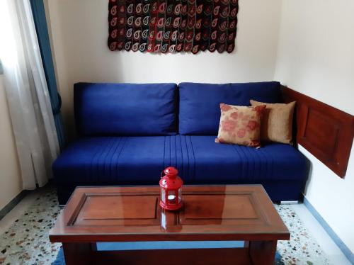 a blue couch in a living room with a coffee table at Garden's Home 2 in Leonidion