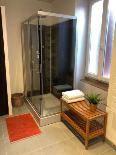 La salle de bains est pourvue d'une douche en verre avec un banc. dans l'établissement Les Hirondelles, à Puyoô