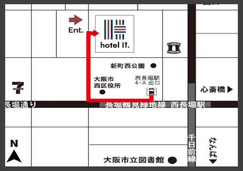 a map showing the location of a hotel at Hotel It Osaka Shinmachi in Osaka
