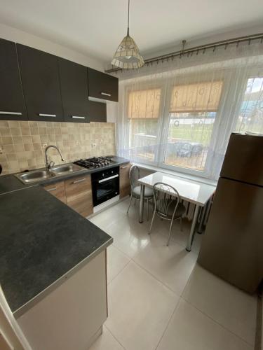 a kitchen with a sink and a table with chairs at Apartament Zacisze in Ustrzyki Dolne