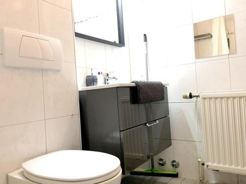 a bathroom with a toilet and a sink and a shower at Hana Aparthotel in Hamburg