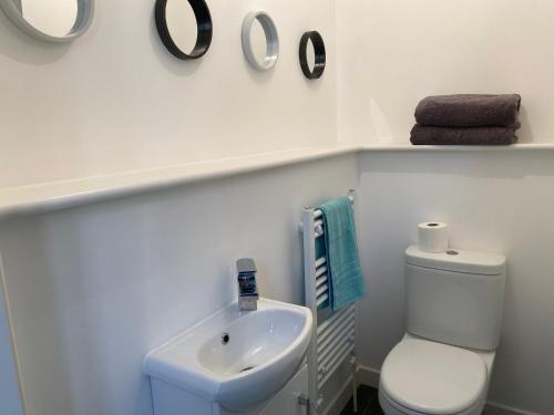 een badkamer met een wit toilet en een wastafel bij Carvetii - Edward House B - 2 Dbl bed 1st floor flat in Dunfermline