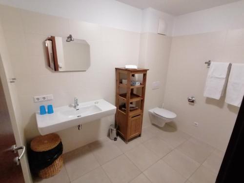 a white bathroom with a sink and a toilet at Komfort Appartements serviced by Auhof in Kaprun
