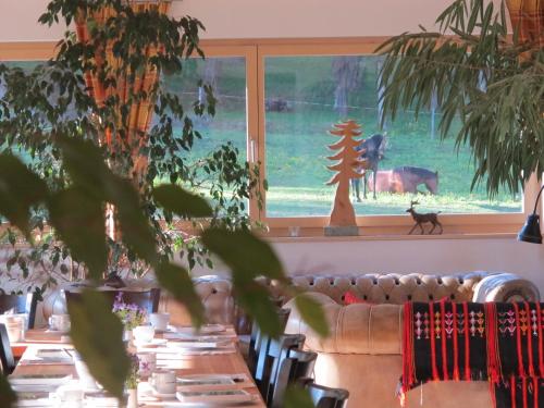 a dining room with a couch and a window at Reitstall und Saloon San Jon in Scuol