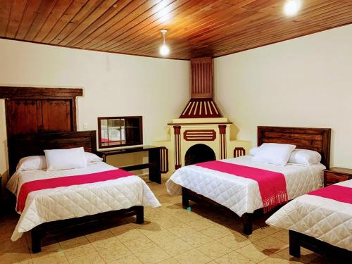 a bedroom with two beds and a fireplace in it at HOTEL CASA D'LINA CENTRO in San Cristóbal de Las Casas