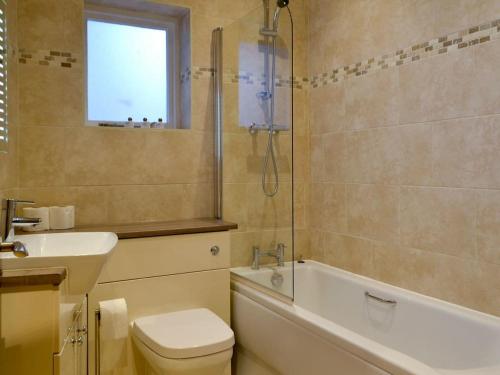 a bathroom with a toilet and a sink and a shower at Llys Celyn - Holly Farm in Aberystwyth