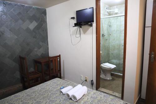 a bedroom with a bed and a shower and a television at Pousada Anexo in Niterói
