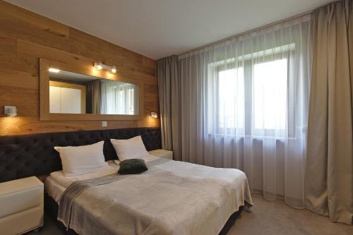 ザコパネにあるApartamenty Forma Tatricaのベッドルーム(大型ベッド1台、鏡付)