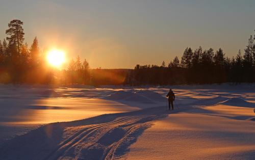 a person on skis in the snow at sunset at Hotell Toppen in Storuman