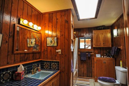 a bathroom with wooden walls and a sink and a toilet at Heart and Wings Retreat Center in Silver City