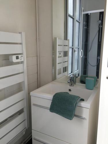 La salle de bains blanche est pourvue d'un lavabo et d'un miroir. dans l'établissement Appartement, à Auxerre