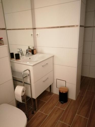 une petite salle de bain avec un lavabo et des toilettes dans l'établissement Le Bord d'eau, à Montbard