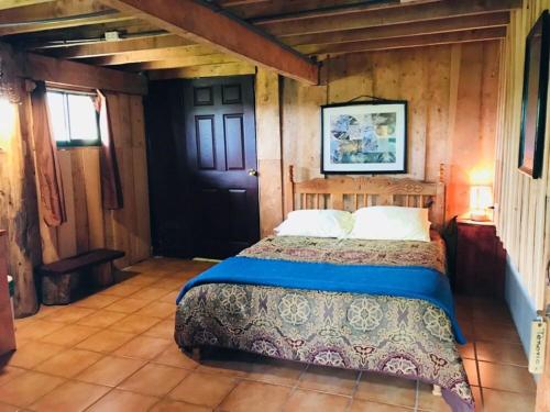 a bedroom with a bed in a room with wooden walls at Hotel Chalets Los Volcanes in Alajuela City