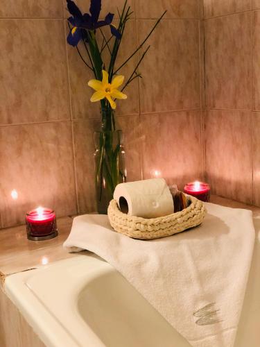 a bathroom with a sink and a vase with flowers at Kalken Hotel by MH in El Calafate
