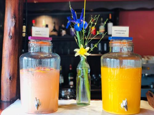two bottles of drinks on a table with a vase of flowers at Kalken Hotel by MH in El Calafate