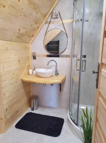 a bathroom with a sink and a shower at Domek z widokiem na Tatry in Gliczarów