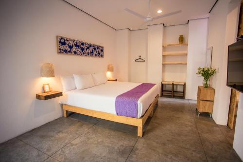 a bedroom with a bed and a tv in it at Hotel Mamá Carlota in Querétaro
