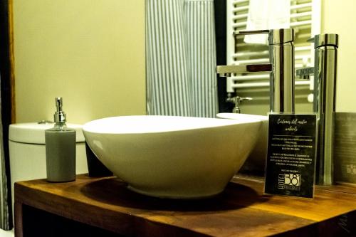 a bathroom with a white bowl sink on a wooden counter at Hotel 381 Panguipulli in Panguipulli