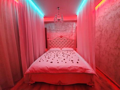 a pink bedroom with a bed with pink curtains at Seasons-Top of the city in Braşov