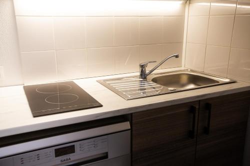 une cuisine avec un évier et un plan de travail dans l'établissement Appart Coeur de Rouen - Le Roi, à Rouen