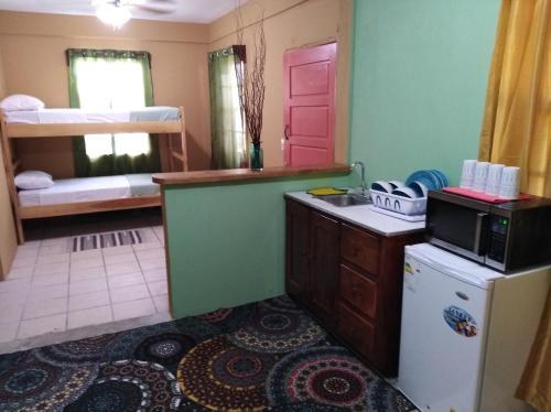 a kitchen with a microwave on top of a refrigerator at Ambergris Sunset Hotel in San Pedro