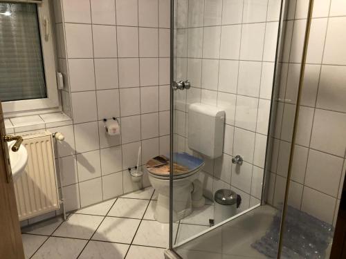 a bathroom with a toilet with a glass shower at 50035.... in Altfunnixsiel