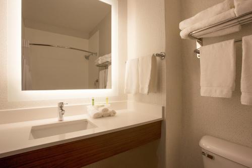 戴維斯的住宿－加州大學戴維斯分校康福特套房酒店，一间带水槽和镜子的浴室