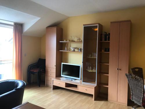 a living room with a tv on a cabinet at Ferienresidenz Am weißen Regen in Bad Koetzting