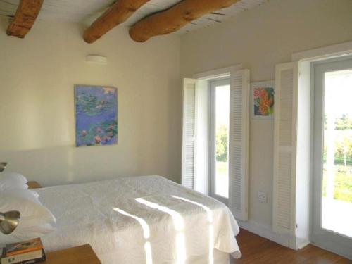 a bedroom with a white bed and two windows at Klaasvoogds Cottages in Robertson
