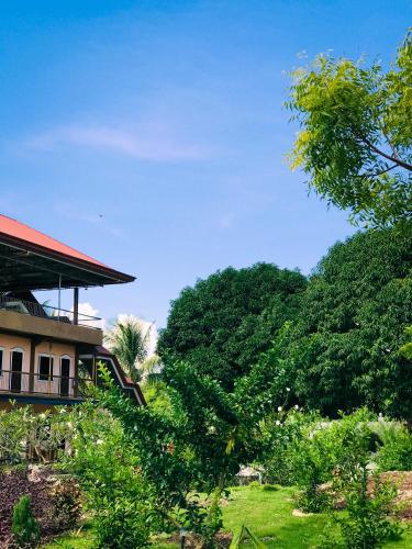 a house with trees in front of a green field at La Plumerias in Moalboal