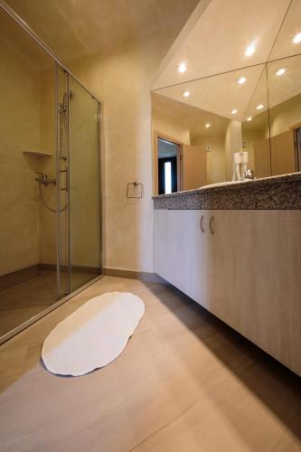 a bathroom with a glass shower and a white rug at Teo Apartments in Funtana