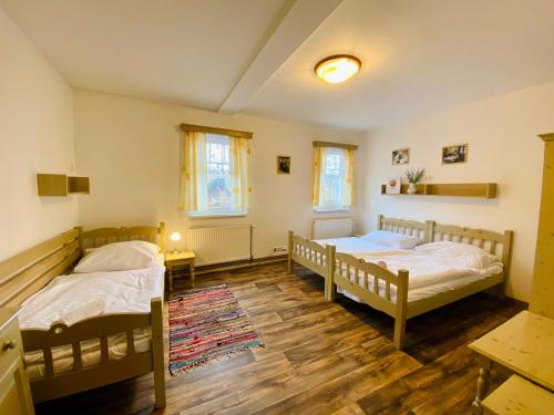 a bedroom with two beds and a rug at Hotel Restaurant Svejk in Bublava