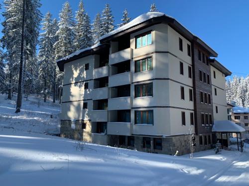 ein Apartmenthaus im Schnee im Wald in der Unterkunft Evrika home 19 in Pamporowo