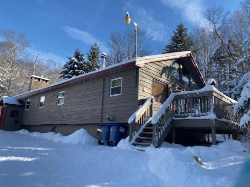 a house with a deck in the snow at Roscoe Cabin Pet friendly in Roscoe