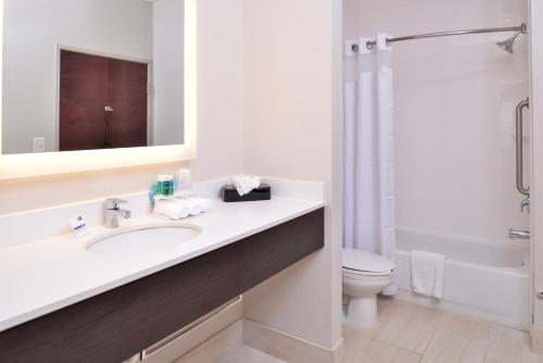 a bathroom with a sink and a toilet and a mirror at Holiday Inn Express & Suites Corpus Christi-N Padre Island, an IHG Hotel in Corpus Christi