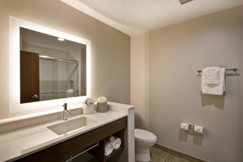 a bathroom with a sink and a toilet and a mirror at Holiday Inn Express & Suites - Houston NASA - Boardwalk Area by IHG in Seabrook