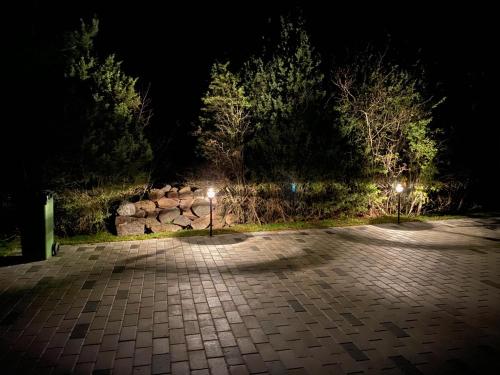 an empty parking lot at night with lights at Luige Residence in Reigi