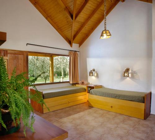 2 Betten in einem Zimmer mit Fenster in der Unterkunft Cabañas Am Bach in Villa General Belgrano