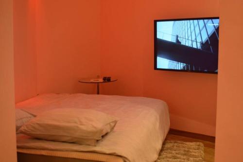1 dormitorio con 1 cama y TV en la pared en Studio 3, en Varsovia