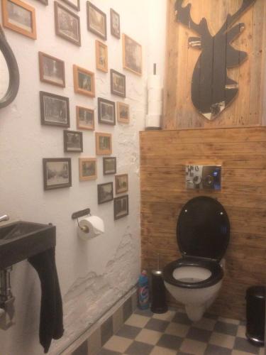 アペルドールンにあるIn het koetshuisの黒いトイレ付きのバスルーム、壁に絵が飾られています。