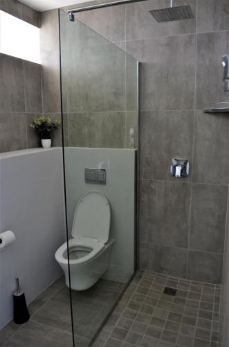 a bathroom with a toilet and a glass shower stall at 808 St Tropez in Cape Town