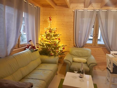 a living room with a christmas tree and a couch at Cztery Pory Roku in Trzęsacz