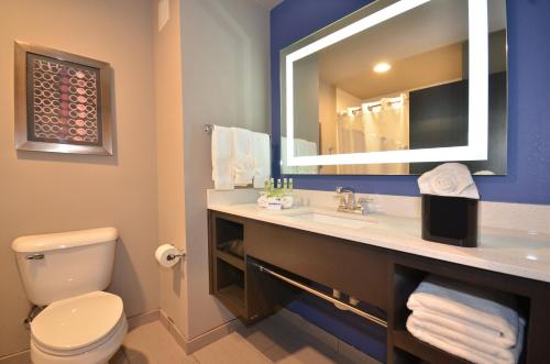 a bathroom with a toilet and a sink with a mirror at Holiday Inn Express & Suites Oklahoma City Mid - Arpt Area, an IHG Hotel in Oklahoma City
