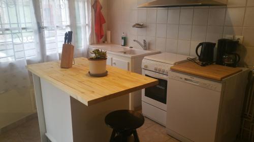 une cuisine avec un comptoir en bois et un évier dans l'établissement La casa del Poble, plein centre dArgeles, 8p wifi, à Argelès-sur-Mer