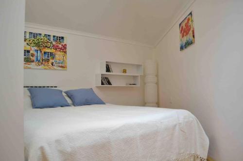 ein Schlafzimmer mit einem großen weißen Bett mit blauen Kissen in der Unterkunft Apartman Iva in Belgrad