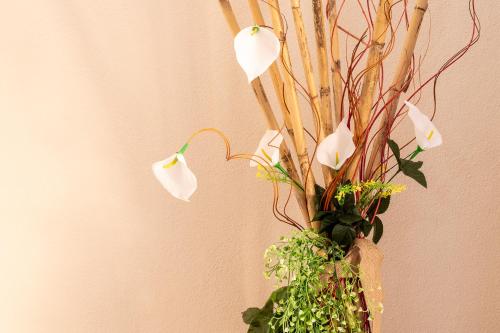 a vase filled with white flowers and plants at B&B Ottoulivi in Sardara